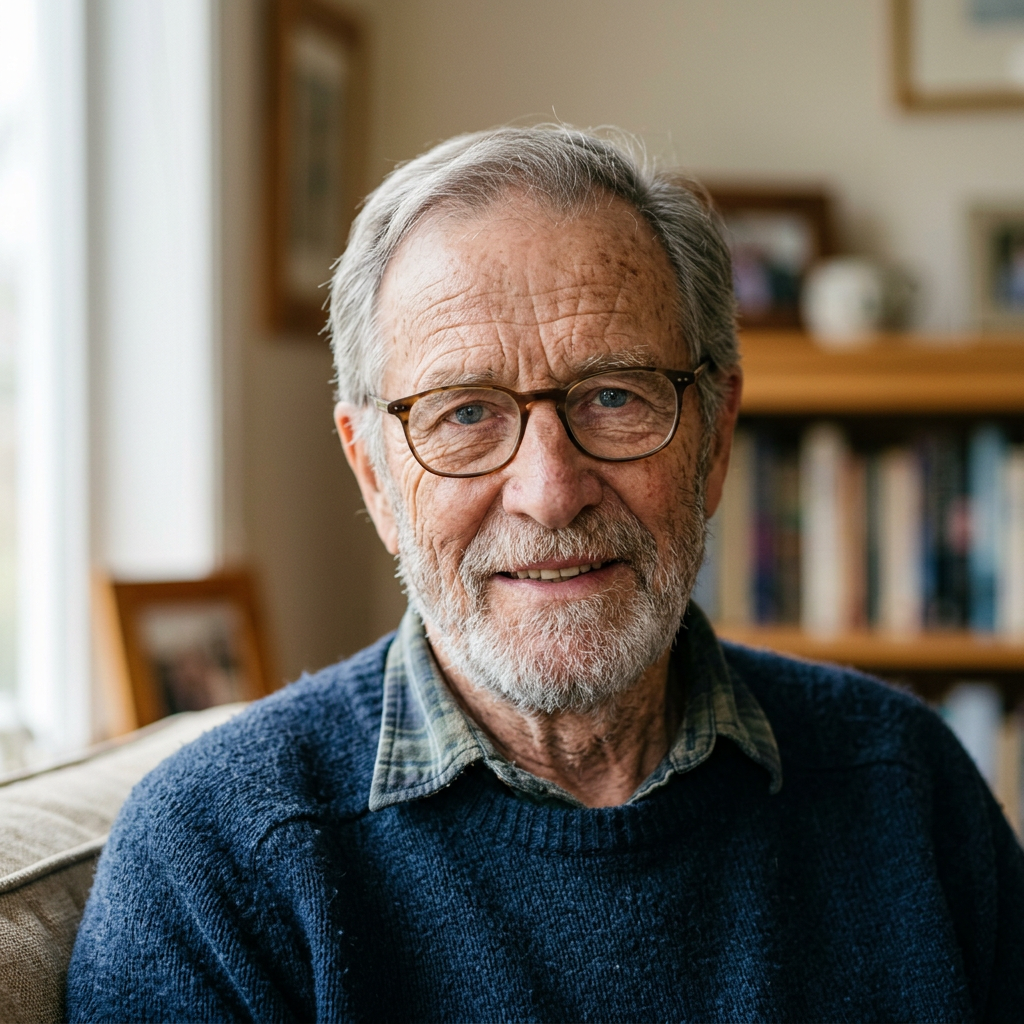 Smiling elderly man with glasses and beard in a home setting