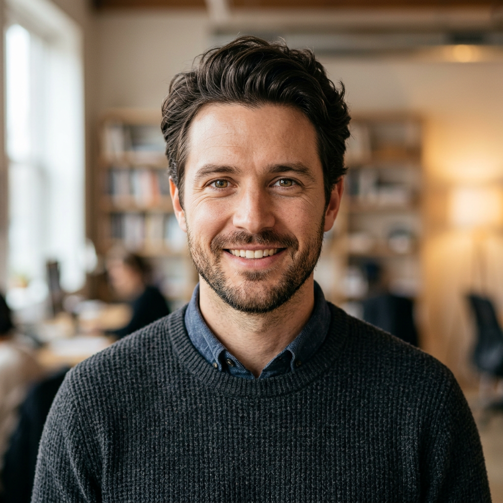 Smiling man with dark hair and beard wearing a gray sweater in an office.