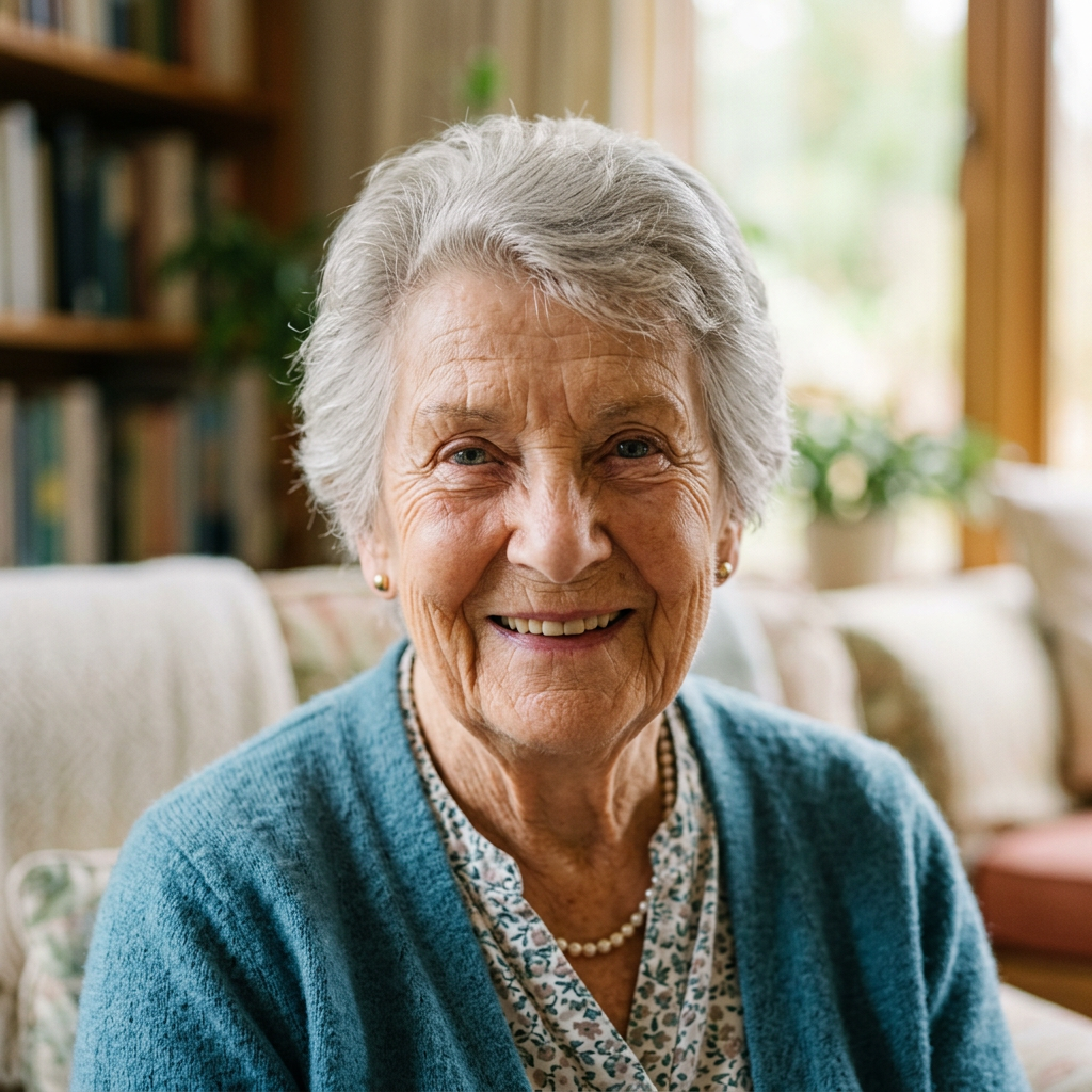 Smiling elderly woman wearing a blue cardigan and pearl necklace in a cozy living room